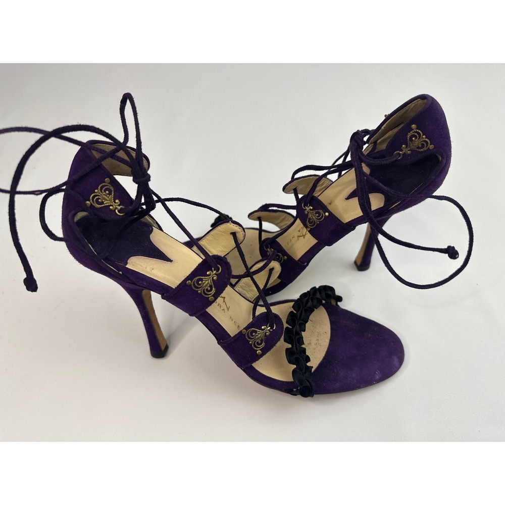 Alexandra Neel Purple Suede Lace Up Heels Embellished Strappy Sandals Size 37